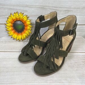 Sole Society Delilah Dark Olive Green Suede Fringe Block Heel Sandals Womens 8
